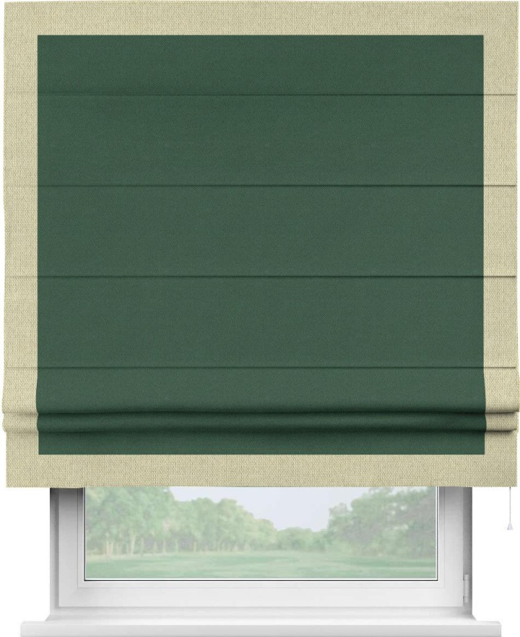 Римская штора «Кортин» с кантом Чесс, для проема, ткань лён димаут, тёмно-зелёный